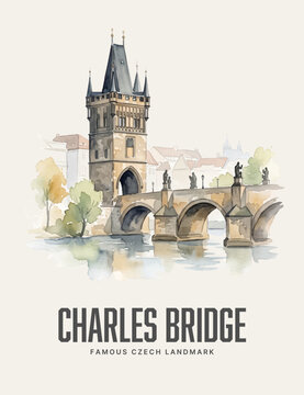 Charles Bridge Watercolor Style Vector Poster of Famous Czech Landmark in Prague