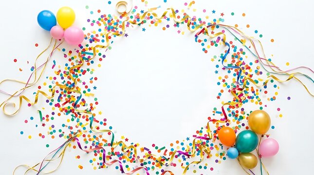 Colorful celebration background with balloons confetti and streamers on a white surface