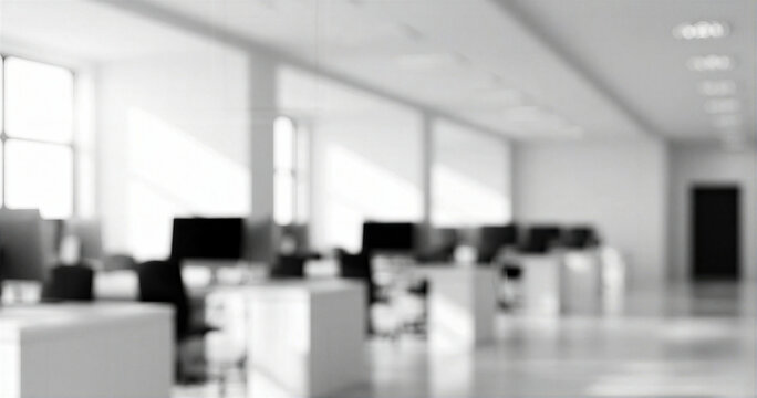 Blurred black and white office interior with desks, computer monitors, windows, and bright light creating abstract workplace atmosphere