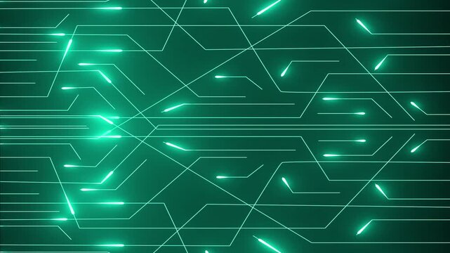 Circuit board pattern animation displays connecting nodes on a grid. Electronic computing processor data routes on circuit board. Consoles use circuit board pattern.