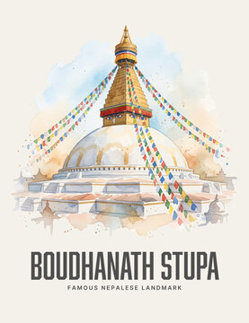 Boudhanath Stupa Watercolor Style Vector Poster of Famous Nepalese Landmark