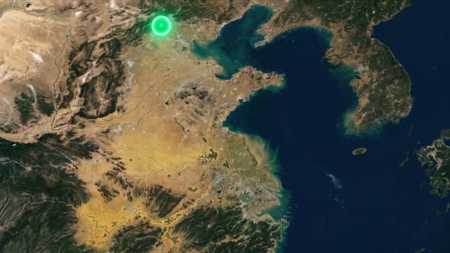 衛星視点の中国大陸で上海と北京を結ぶ光ネットワーク通信のCG映像