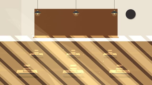 Pixel art classroom interior animation with sunlight shining through windows, school background loop