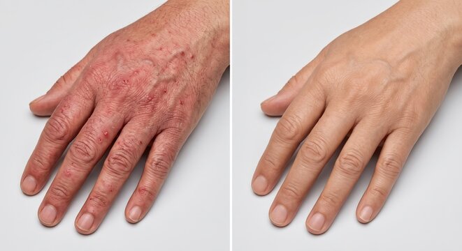 Before and after photo showcasing hands with severe dyshidrotic eczema versus fully healed smooth clear skin