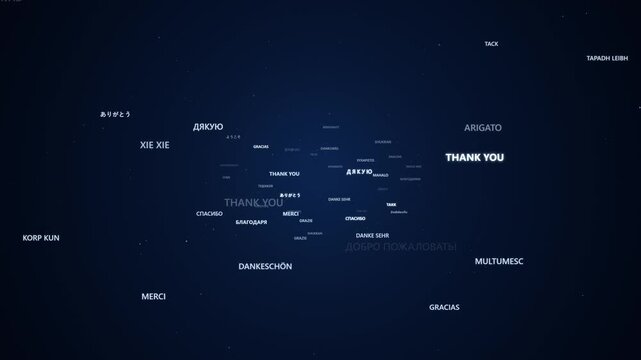 Multilingual Thank You Words in Different Languages Floating on Dark Blue Starry Sky Background