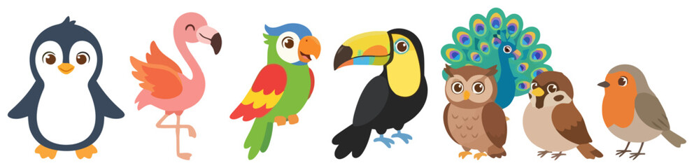 Fototapeta premium A collection of colorful cartoon birds including a penguin flamingo parrot toucan peacock owl and robin.