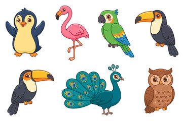 Fototapeta premium Set of cute cartoon birds including penguin flamingo parrot toucan peacock and owl.