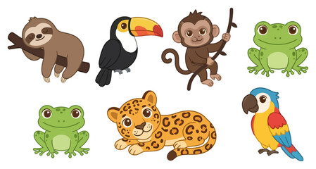 Fototapeta premium A collection of cute cartoon rainforest animals including a sloth toucan monkey frog leopard and parrot.