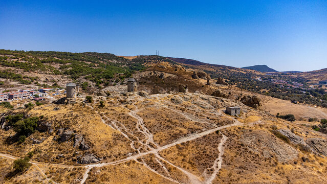Aerial view of historic windmills in Eski Foca district, Izmir.