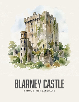Blarney Castle Irish Landmark Watercolor Style Vector Poster Wall Art