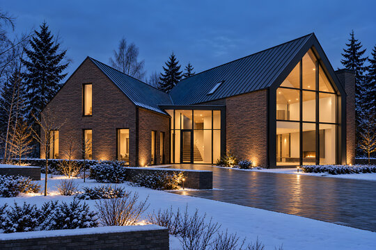 Twin Gable Exhibition Hall at Winter Blue Hour