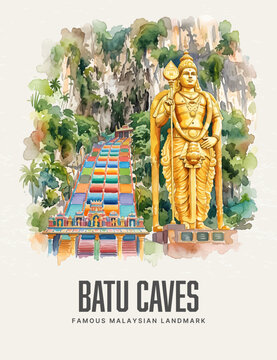 Batu Caves Famous Malaysian Landmark Watercolor Style Vector Poster Wall Art