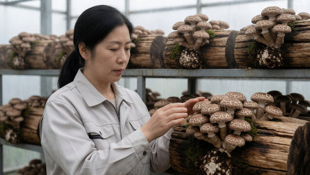 Die Pilzz&uuml;chterin kontrolliert die Entwicklung von Shiitake-Pilzen auf einem nat&uuml;rlichen Holzsubstrat.