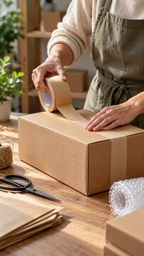 Adult hands seal a cardboard parcel with paper tape. scissors and packaging supplies sit on a table. daylight, brown and beige tones. vertical commercial photograph. small business and paper packaging