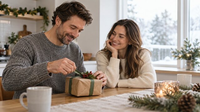 A brunette man unties a green ribbon while a brunette woman watches. natural window light, beige and green color palette. horizontal photographic composition. holiday connection and thoughtful gifting