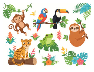Fototapeta premium A collection of cute cartoon tropical rainforest animals and exotic plants.