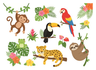 Fototapeta premium Set of cute tropical jungle animals and exotic plants in cartoon style.