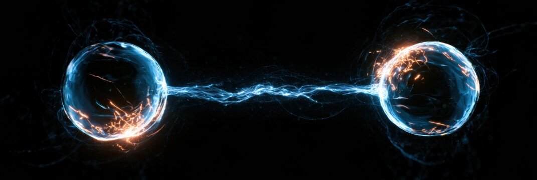 Two glowing spheres are separated by distance in dark space, connected by a luminous line representing quantum entanglement.