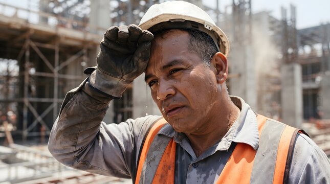 Tired exhausted Industrial worker wiping sweat during a hard working outdoor construction site in hot weather summer day