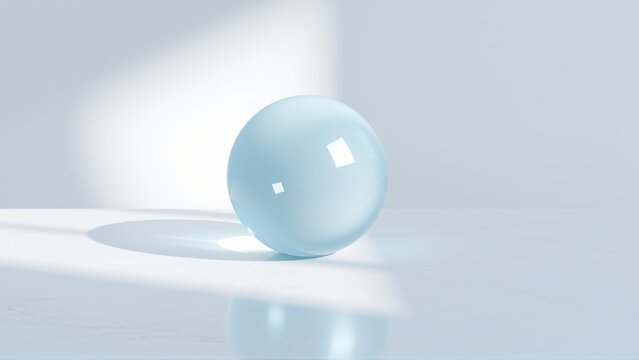 Pale blue sphere rests upon reflective surface. Soft lighting creates subtle shadow, minimalist composition. Clean aesthetic.