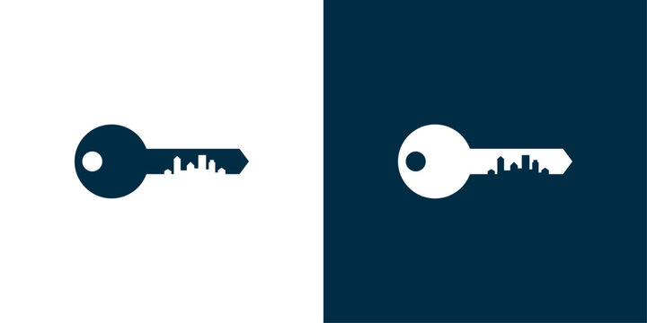 Key city logo. Abstract key symbol with urban skyline in negative space.