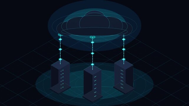 Pixel art cloud computing network server data transfer animation