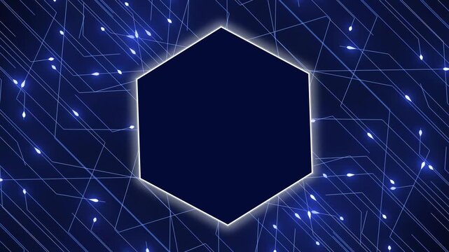 Hexagon frame animation displays illuminated circuit tracks on dark. Interface data coordinates guide hexagon frame. Surveillance consoles use active hexagon frame.