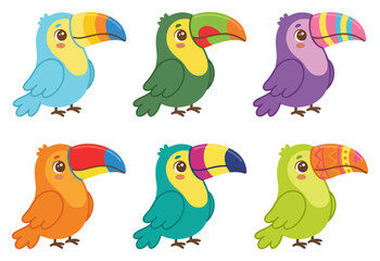 Fototapeta premium A collection of six colorful cartoon toucan birds with unique patterns and bright plumage.