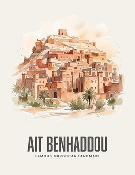 Ait Benhaddou Moroccan Landmark Watercolor Style Vector Poster Wall Art