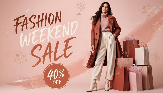 Fashionable Elegant Woman in Brown Wool Coat Standing Beside Paper Bags with Fashion Weekend Sale 40 Percent Off Typography on Dusty Pink Background