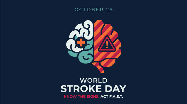 World stroke day vector graphic illustration featuring anatomical human brain silhouette with medical cross warning symbol and typography on dark blue background pattern