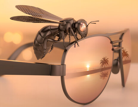Striking metallic bee perched on aviator sunglasses, reflecting a vibrant golden sunset over a tropical beach with palm trees, a surreal summer vacation concept, perfect for travel, nature
