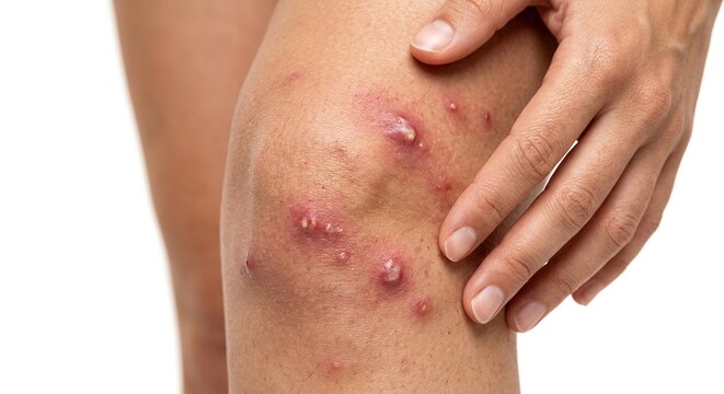 Close up of female leg knee with severe infected cystic acne boils or painful folliculitis skin condition