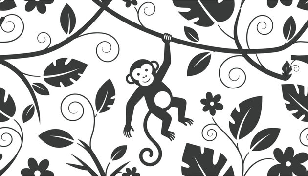 Seamless black and white jungle pattern featuring a cute monkey swinging from a vine with tropical leaves.