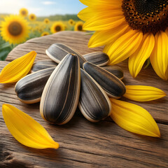 Fototapeta premium Sunflower seeds and petals, healthy organic snack and agriculture concept, raw food ingredients on rustic wooden table with blurred field background
