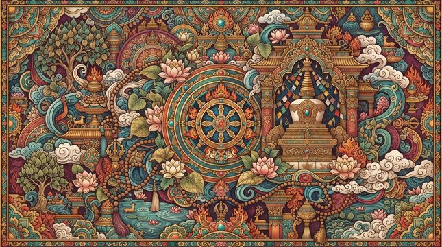Intricate Buddhist Spiritual Tapestry Featuring Dharma Wheel Stupa and Sacred Lotus Flowers in Traditional Ornate Artistic Style for Meditation and Zen Decor