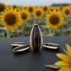 Fototapeta premium Agriculture and organic farming, sunflower seeds on a dark surface with a blurred field of blooming flowers in the background for food industry