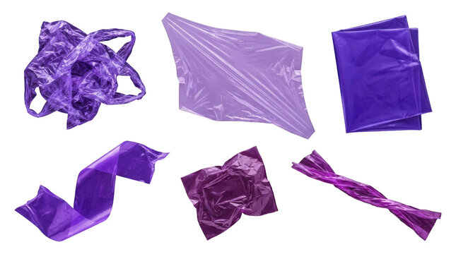 Collection of purple translucent plastic sheets, bags, and wrappers isolated on transparent background