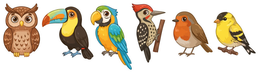 Fototapeta premium A collection of six colorful cartoon birds including an owl toucan parrot woodpecker robin and goldfinch.