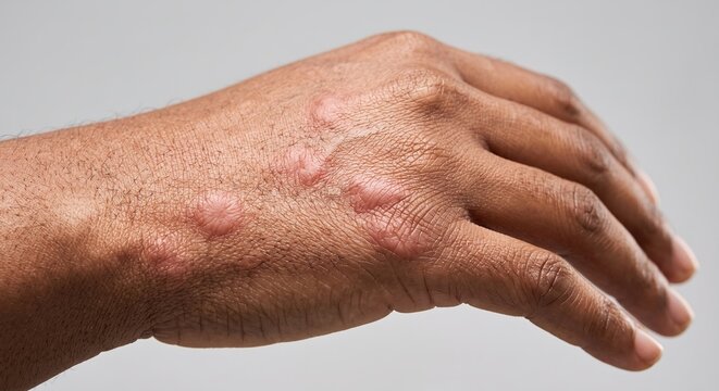 Close up of black human hand presenting swollen hives or mosquito bite allergic reaction on the skin