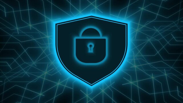Shield animation displays a locked padlock icon over a digital network. Encrypted data privacy defense confirms on the shield. Portals rely on active shield online.