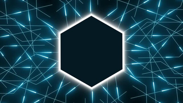 Hexagonal frame animation glows across an network backdrop. User dashboard data coordinates guide hexagonal frame. Surveillance consoles use active hexagonal frame.