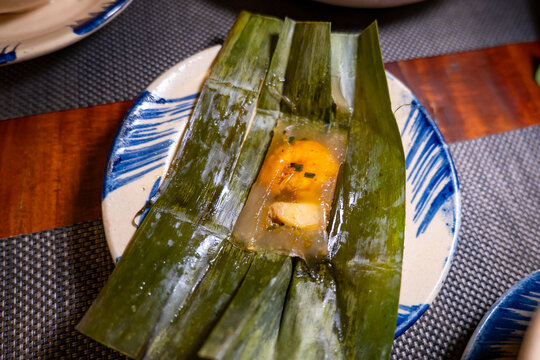 Banh Nam Hue, Vietnamese steamed rice pancake with shrimp, served in Hue, Vietnam.
