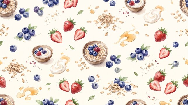Watercolor breakfast scene with berries and oats. Honey drips beside bowls of fresh fruit. Strawberries and blueberries dot the canvas. Sweet, natural morning vibe with soft tones