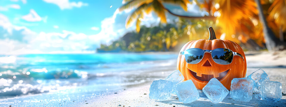 Halloween pumpkin wearing sunglasses on ice cubes on a tropical beach with the ocean in the background on a hot day