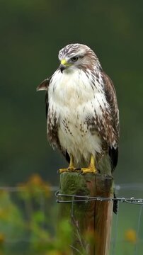 Common buzzard perched on a wooden fence post in a natural outdoor