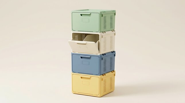 Stack of four colorful storage boxes on a light background, minimalist design.