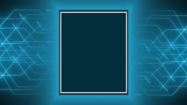 Square frame animation displays digital interface lines across dark space. Screen display overlay data coordinates guide square frame. Consoles operate with frame.