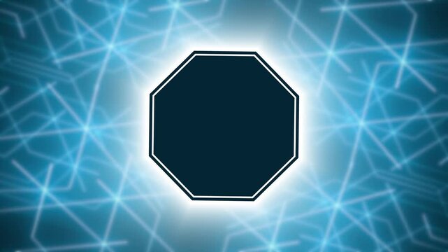 Octagon frame animation displays a digital network backdrop on dark. User dashboard data coordinates guide octagon frame. Surveillance consoles operate with frame.