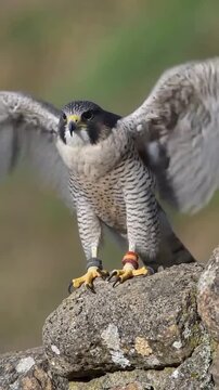 Peregrine falcon perched on a rocky cliff edge in a natural outdoor